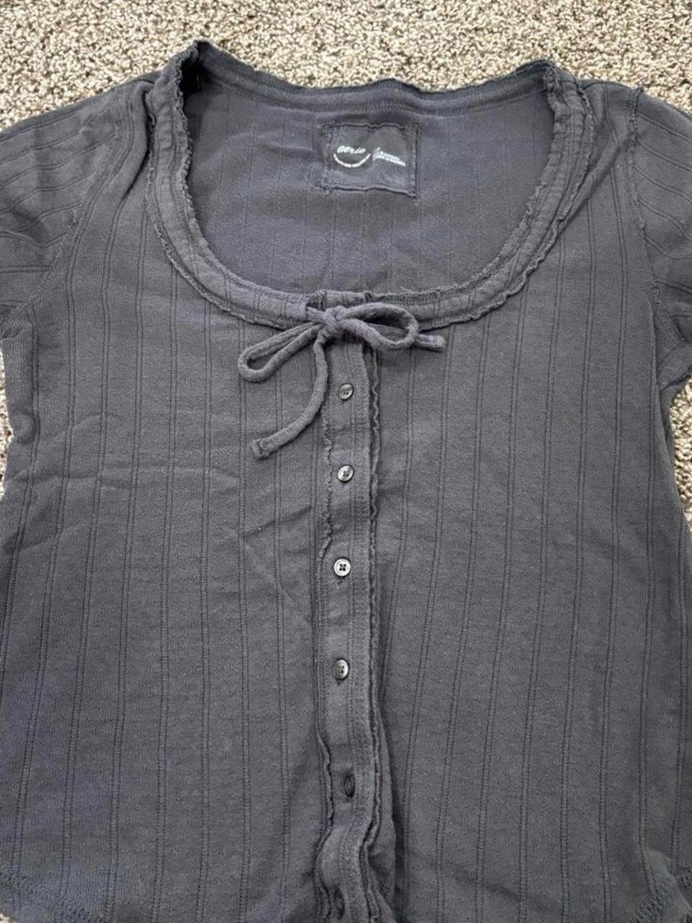 aerie Black Ribbed Short-Sleeve Button Front Top with Tie